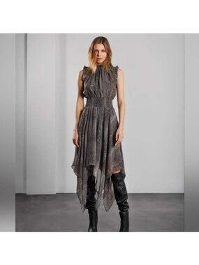 Sen Collection Navy Beige Snake Print Smocked Asymmetric Dress Womens Size Small